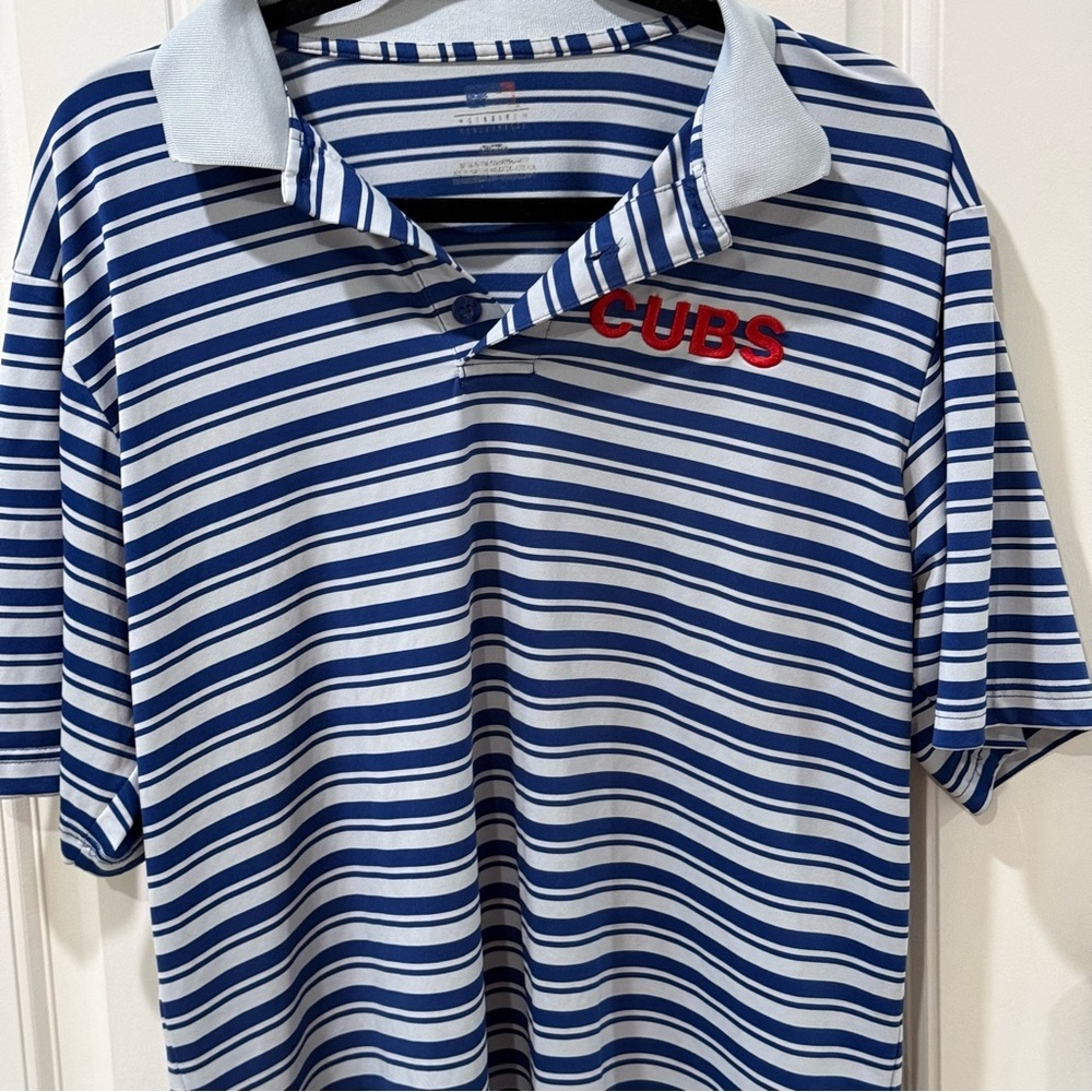 Chicago Cubs Striped Polo Shirt Blue White Embroidered Logo Men’s XL